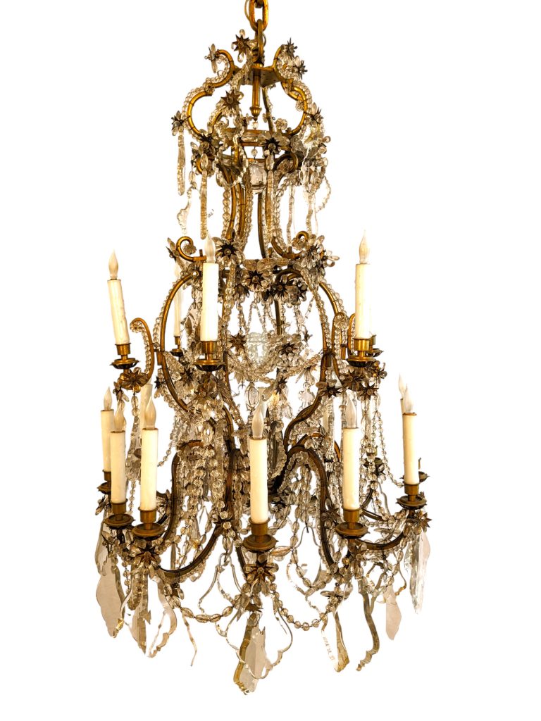 Antique 2-Tiered French Crystal and Brass Beaded Chandelier